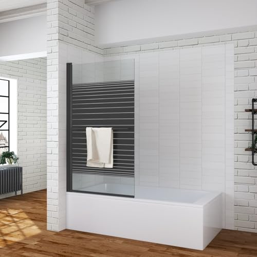 Duschwand für Badewanne ohne bohren zum kleben 80x140 cm einteilig schwarz Badewannenaufsatz Dusche Glas mit Handtuchhalter Klebemontage schwenkbar 5 mm Sicherheitsglas klar ESG NANO Beschichtung