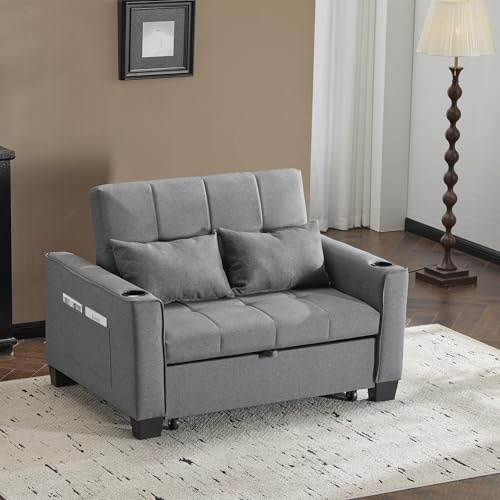 LANTRO JS 2 Seater Sofa Bed, Double Sofa Bed with Cup Holders, Convertible Sofa Chair Foldable Bed Pull Out Sleeper Sofa, Grey