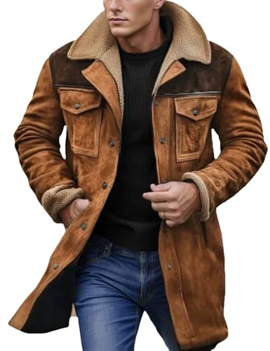 Westernjacken für Herren, Cowboy Vintage Mäntel aus Wildleder mit Plüschkragen, lange Winterjacken aus Kunstleder mit Reißverschluss, Retro Oberteile