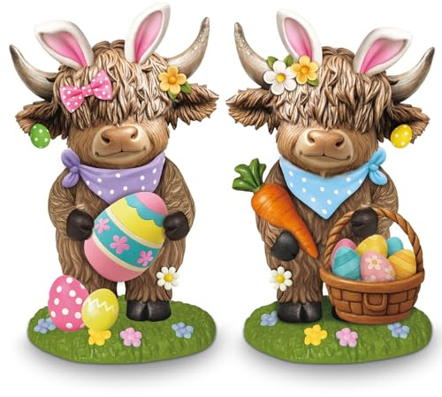 Thyle 2 Pcs Easter Highland Cow Figurines Spring Easter Egg Bunny Gnomes Rabbit Scottish Resin Statue Calf Lovers Gifts for Home Garden Kitchen Office Tiered Tray Table Decor