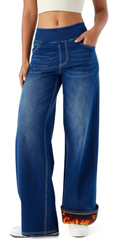 LaiEr Jeans a Gambe Larghe per Donne con Fodera in Pile, Vita Alta, Termici, Spessi - Pantaloni di Jeans Casuali ad Alta Elasticità per Sport e Yoga, con Tasche, Caldi per l'inverno.(Blu Scuro M)
