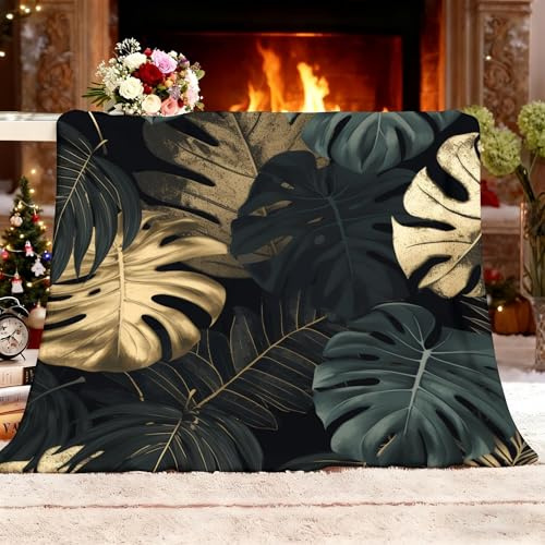 Coperta in Pile Sherpa, Lusso Oro Monstera Deliziosa Coperta per Divano Letto Nero Regali per Amanti, Famiglia Regalo per Lui e Lei Regali di San Vale XL 130x150 cm