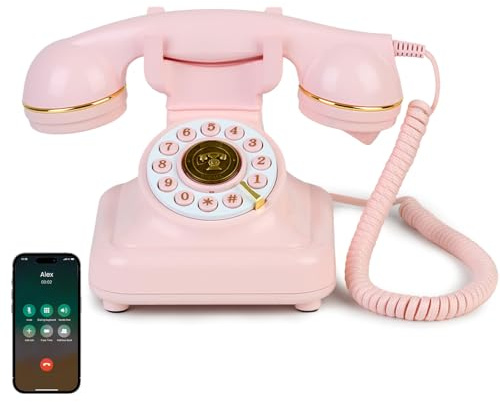 Vintage Bluetooth Phone, Retro Desk Telephone with Gold Accents, Loud Nostalgic Ringtones, Bluetooth Connects to Smartphone for Home & Office, Pink