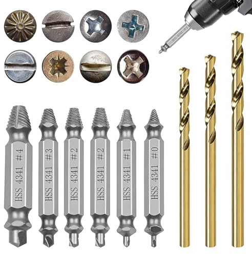 Screw Extractor Set, 9 Pcs HSS 4341 Damaged Screw Extractor Set for Damaged Broken Stripped Screws,6 Pcs Screws Extractors Remover Kit and 3 Pieces Twist Drill Bit Kit
