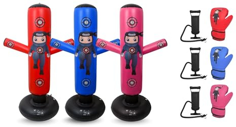 Puncho Punching Bag for Kids Bundle Set - Includes Red + Blue + Pink PUNCHO, 3 Gloves, 3 Pump & eBook – Indoor Active Set for Boys and Girls – Holidays Boxing Gift for Siblings or Friends