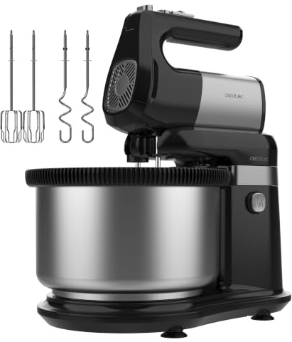 Cecotec Sbattitore Elettrico PowerTwist 500 Steel Double Spin | Potente Impastatrice 500W, Ciotola Inox Girevole, 5 Velocità + Turbo, Include Fruste e Ganci per Impastare