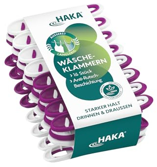 HAKA Wäscheklammern, 16 Stück, stabil & langlebig, ohne Abdruck, Starke Klammern für drinnen & draußen, UV-beständig, wetterfest, extra griffig, für empfindliche Wäsche