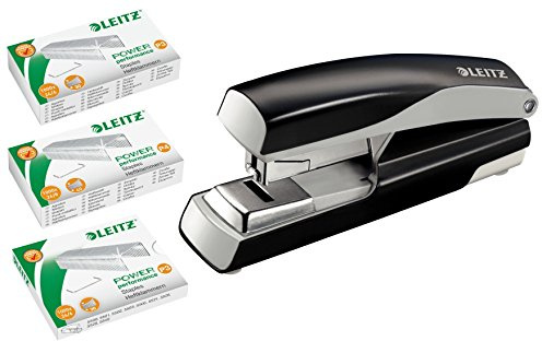 Leitz 5523 Flachheftgerät Stark NeXXt, 40 Blatt mit je 1.000 Heftklammern 24/6 24/8 und 26/6 (schwarz, mit Klammern 24/6 24/8 26/6)