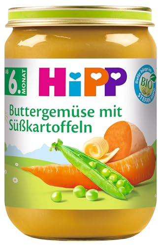 HiPP Bio Buttergemüse mit Süßkartoffeln (6 x 190g), Babygläschen ab 6. Monat, ohne Salzzusatz, mit Omega-3, ideal für den Beikoststart