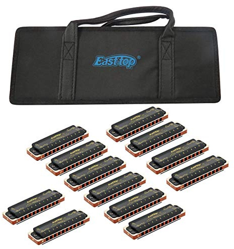 East top Diatonic Blues Harmonica Set of 12, 10 Holes Diatonic Mouth Organ Set, 12 Keys 008K Harmonicas set for Beginners and Professionals with Black Case, as Gift(12)