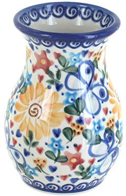 Blue Rose Polish Pottery - Yellow Butterfly Vase - 4.75 Tall - Ceramic Flower Vase, Decorative Floral Design for Table, Shelf or Mantel Décor