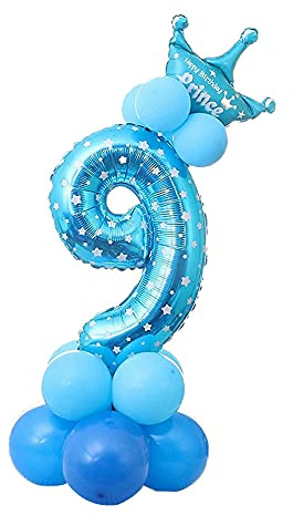 POFET Folienballons mit allen Zahlen und Buchstaben, Prinzessinnen-Prinz-Krone, aufrechtes Spalten-Set, Geburtstagsparty-Dekoration, Blau 9