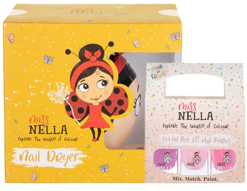 Miss Nella Sweet Little Pack und Nageltrockner-Paket - Miss Nella Nageltrockner-Spielzeug + 3 abziehbare, geruchsfreie, wasserbasierte und kindersichere Nagellacke - Pink Glitzer, Rosa und Lila