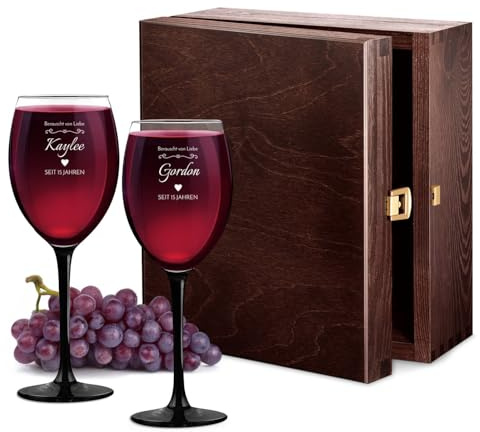 Maverton Onyx 2er Weingläser Set mit Gravur, mit schwarzem Stiel, 330 ml | Wein Gläser personalisiert, Rotweinglas Weißweinglas, Geschenk Hochzeit Hochzeitstag Paar Eltern, Berauscht