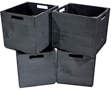 Obstkisten Online 4 Kisten für Kallax Regale Fachelement aus Holz für Regale - auch einzeln schöne Deko - 32x37,5x32,5cm (Schwarzer Farbton)