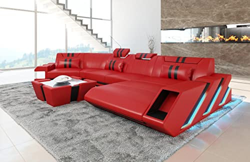 Sofa Apollonia C Form Wohnlandschaft Leder Couch mit Kopfstützen Ledersofa mit LED Beleuchtung (Ottomane rechts, Rot-Schwarz)