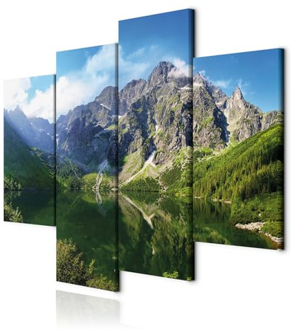 decomonkey Bilder Set Berge 126x98 cm 4 Teilig Leinwandbilder Wandbild Haus | Strukturleinwand, Holzkeilrahmen, Bild auf Leinwand, Kunstdruck, Wanddeko, Wohnzimmer, Wanddekoration, Natur, Landschaft, See