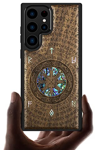 Carveit Handcrafted Case for Galaxy S23 Ultra (Viking-Walnut) | Samsung Galaxy S23 Ultra Case - Compatible with MagSafe Wireless charger - Wood Engraved Shell Inlaid - TPU Shockproof Bumper