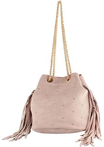 modamoda de T246 Damen Schultertasche Wildleder mit Fransen und Goldkette handmade in Italy, Farbe:T246 Rosabeige