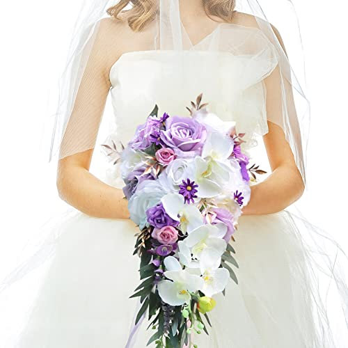 ISAKEN Handgemachter Brautstrauß Hochzeitsstrauß Künstliches Wasserfall Blumenstrauß Romantischer Rosenblumen Rosenstrauß Bouquet Deko Brautjungfer Blumensträuße Hochzeitsdekoration