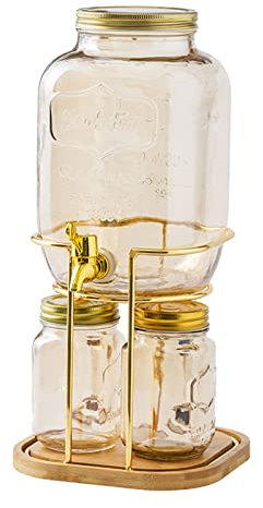 Fria Dispensador de Bebidas con dispensador de Bebidas de Vidrio Spigot con 2 Tazas con Tapas y Soporte de Metal Hervidor de Agua para refrigerador de 4L para Fiestas y Uso Diario Garrafa de Agua