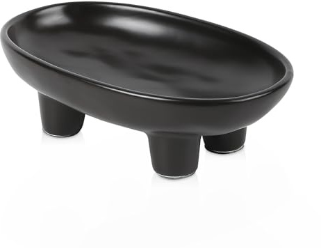 Sureasy 10 Inch Ceramic Fruit Bowl for Kitchen Counter, Decorative Bowl for Home Décor, Modern Pedestal Bowl with 4-Legs, Oval Footed Bowls, Fruit and Vegetable Holder Countertop, Black