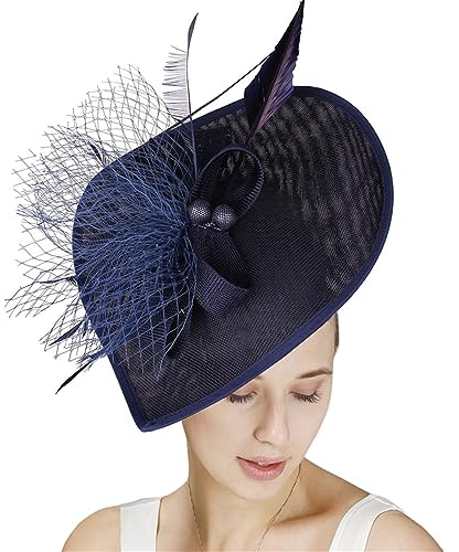 GIBZ Damen Fascinator Hut mit Breiter Krempe Elegant Tea Party Stirnband Pillbox Hüte mit Federn Hochzeits Kopfschmuck, Navy Blau
