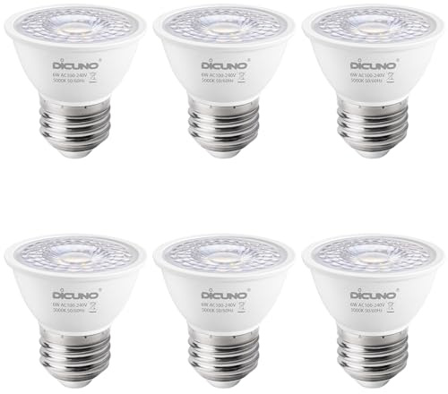 DiCUNO E27 LED-lampa 6 W, kall vit 6 000 K, MR16 strålkastare, 500 lm i 60° strålvinkel, ersätter 50 W halogenstrålkastare, PAR16 korta LED-spotlights, CRI90, inget flimmer, inte dimbar, 230 V, 6-pack