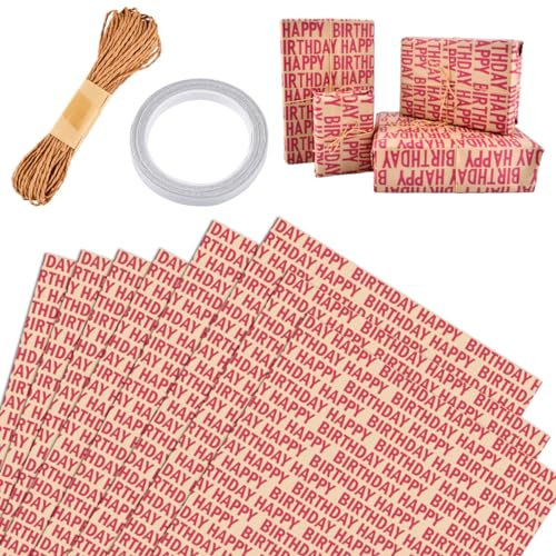 HUMOKI 20 Fogli di Carta da Regalo 50x70cm, Set per Compleanno, Kraft Riciclata
