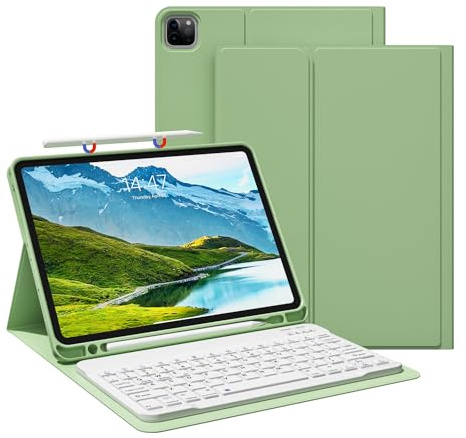 JKSML Hülle mit Tastatur für iPad Pro 11 Zoll 4./3./2.Gen (2022/2021/2020) | Soft TPU Schutzhülle mit Stifthalter, Abnehmbare Bluetooth Tastatur, QWERTZ Layout,Matcha Grün