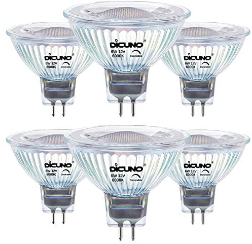 DiCUNO Dimmable GU5.3 LED Bulb 12V 6W=60W Cool White 6000K 420LM 6Pcs | MR16 Spotlight Bulb, 40° Beam Angle Bi-Pin Base Track Light