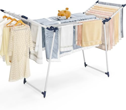 SYKIARIOL Wäscheständer, Standtrockner, Stabiler Flügelwäscheständer für platzsparende Aufbewahrung, Klappbarer Gullwing Wäscheständer für Lange Wäschestücke, Kleidung, Handtücher, Weiß