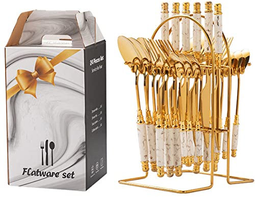 BOSHYUM Set di Posate in Ceramica, 24 Pezzi, forchetta, Cucchiaio, Coltello, Set di stoviglie in Acciaio Inossidabile, stoviglie Lavabili in lavastoviglie, Set da tavola