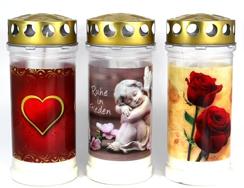 4 Grablichter, Grabkerzen mit Motiv 4er Set- 18x7,5 cm - 3986 - ca. 4 Tage Brenndauer je Grablicht – Trauerkerze - Motivkerze - Gedenkkerze
