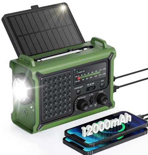 Emergency Weather Radio with Large Solar Panel, Efficient Hand Crank & Real 12000mAh Battery | AM/FM/NOAA Bands, LED Flashlight, Reading Lamp, SOS Alarm & Phone Charger for Camping & Emergencies