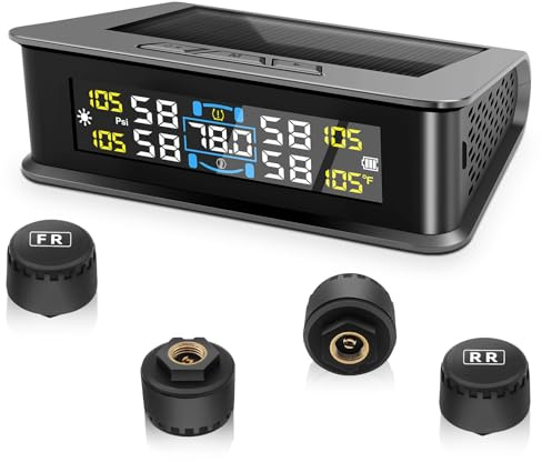 Avutrel 0-5 Bar Sistema di Monitoraggio della Pressione dei Pneumatici TPMS, Solare Wireless e Ricarica USB, 5 modalità di Allarme, 4 Gomme Sensori Esterni, Gamma, Universale per Auto SUV Camper