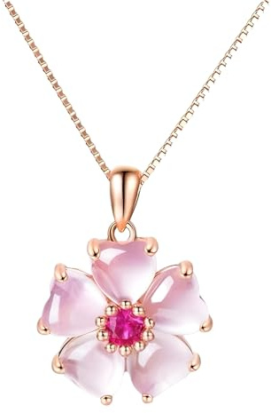 IMINI Collier délicate en quartz de rose et cristal en forme de cerisier pour femme - Pendentif ajustable en forme de cœur en plaqué or rose avec fleur d’amour en cristal, bijou floral léger et
