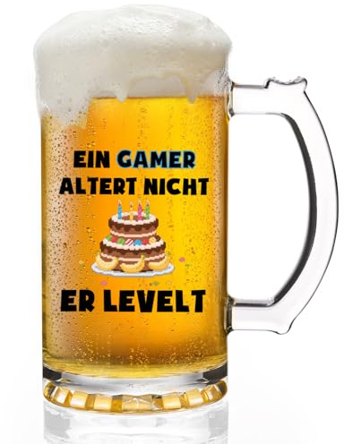 Joymaking Gaming Bierglas - Ein Gamer altert nicht er levelt - Zocker Geschenk zum Geburtstag, Geburtstagsgeschenk Lustig für Teenager Jungen und Mädchen, Bierkrug 0,5L