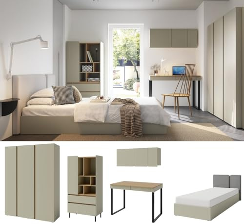 QMM Jugendzimmer Kinderzimmer komplett Laris Set B Schrank 3-türig Regal Schreibtisch Wandregal Bett 200x90 Farbauswahl (Eukalyptus - Eiche Baltic Dune)