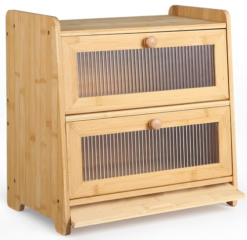 HAUSPROFI Two-Layer Bread Bin, Double Bamboo Bread Box, Large Capacity Bread Storage Bin with Stiped Window Door Pancel, Handle and a Cutting Board, Breads Storage Box for Kitchen Countertop, Natural