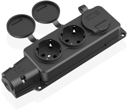 HITRENDS 3-vägs strömfördelare, utomhusuttag vattentät IP54, skyddskontaktuttag med gångjärnslock, flera uttag för utomhusbruk, 230 V/16 A max. 3 500 W, utomhusuttag för trädgård, svart