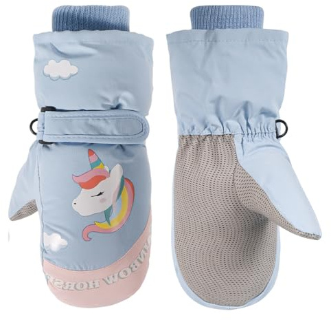 Jupsk Gants Ski Enfant d'hiver Mitaine Imperméables Gants de Ski Snowboard Fleece Gloves Licorne Moufle pour Tout-Petits Garçon 2-4 Ans (Bleu)