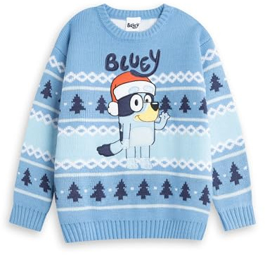 Bluey Boys Light Blue Christmas Jumper | Fair Isle Pattern Long Sleeve Crew Neck | Winter Wear Character | Festive Cartoon Knitwear for Kids Merch - 3-4 Years