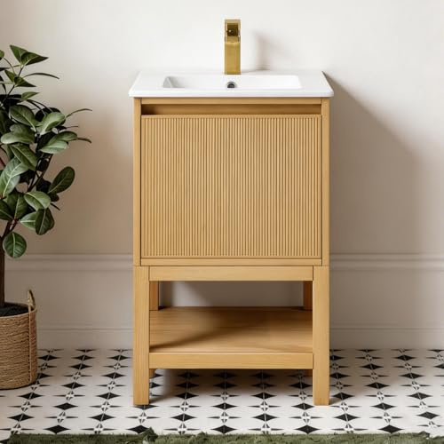 Eleshine 20 Inch Bathroom Vanity with Sink, Oak Fluted Cabinet