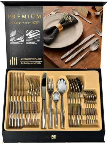 Set De Couverts En Acier Inoxydable 24 Pièces – Service 6 Personnes Avec Couteaux, Fourchettes, Cuillères Et Cuillères À Café – Design Élégant Résistant – Compatible Lave-Vaisselle – Idée Cadeau