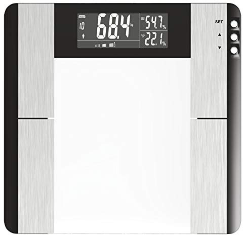 EMOS EV104 Digital badrumsvåg med BMI och minnesfunktion, våg/viktvåg/kroppsfettvåg, digital våg av säkerhetsglas, mäter kroppsfett, muskelmassa, vattenbatterier medföljer