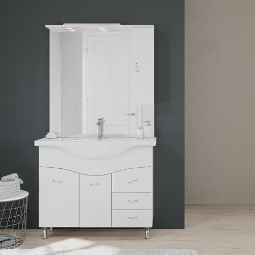 KIAMAMI VALENTINA Badmöbel 106 cm klassisch mit Waschbecken, Spiegel | Easy-Komplettset: Unterschrank 106 cm, Keramikwaschbecken, LED-Spiegel, Hängeschrank, glänzend weiß