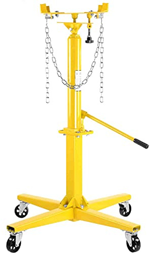 JEGS Transmission Jack | Hydraulic | Adjustable | 1000 LBS Capacity | High-Lift Handle Operated | Adjustable Load Arms | Yellow Steel Frame | 4 Caster Wheel Design