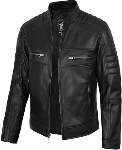 fjackets Cafe Racer Leather Jacket Men - leather black jacket men Leather Motorcycle Jacket Mens Austin | [1100074] Blk Lrg
