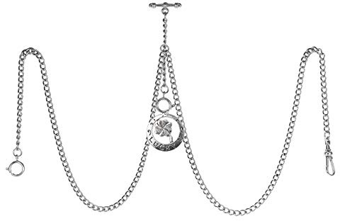 TREEWETO Reloj de bolsillo con cadena doble Albert para hombre, 3 ganchos con colgante de trébol de cuatro hojas antiguo de la suerte, barra en T, plata, Antiguo